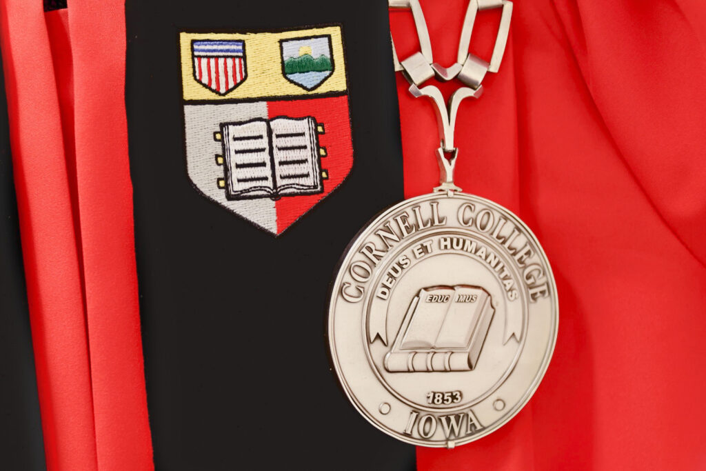Jonathan Brand typically wears his Cornell University Law School robe, including the University’s insignia, juxtaposed with a Cornell College medallion at official Cornell College ceremonies