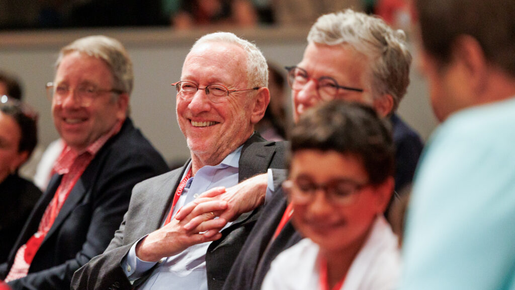 President Kotlikoff attends Olin Lecture in Bailey Hall moderated by Aditi Kinkhabwala 00" and featuring Olympians Aditi Kinkhabwala, Michael Gardy and Karen Chen.