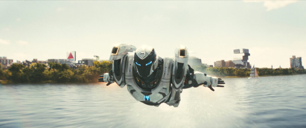 Ironheart flies over water
