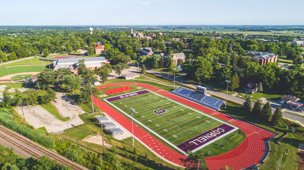 Aerial view of the Cornell College campus and football field in Mt. Vernon, Iowa