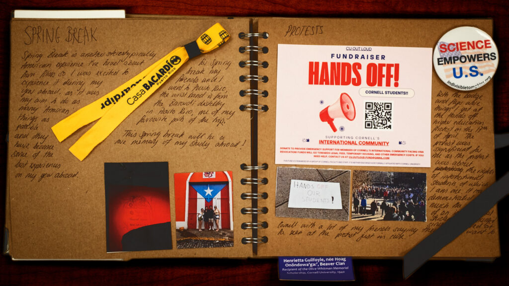 pages of a student's scrapbook made for final project for AMST 2001 course showing written entries, photos and a ribbon and button from Spring Break and local protest activities