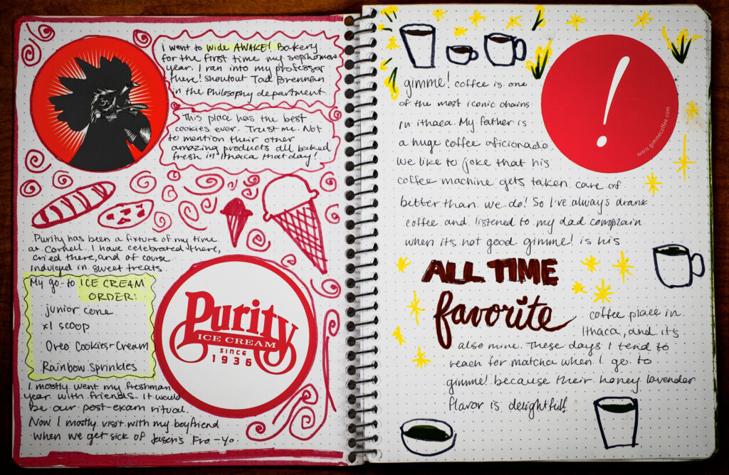 pages of a student's scrapbook made for final project for AMST 2001 course showing written entries and stickers from local ice cream and coffee shop establishments