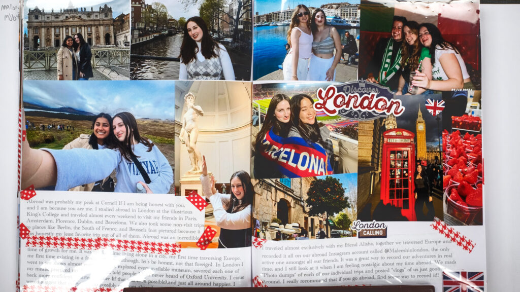 pages of a student's scrapbook made for final project for AMST 2001 course showing photos of a semester abroad in London and written entries below the photographs