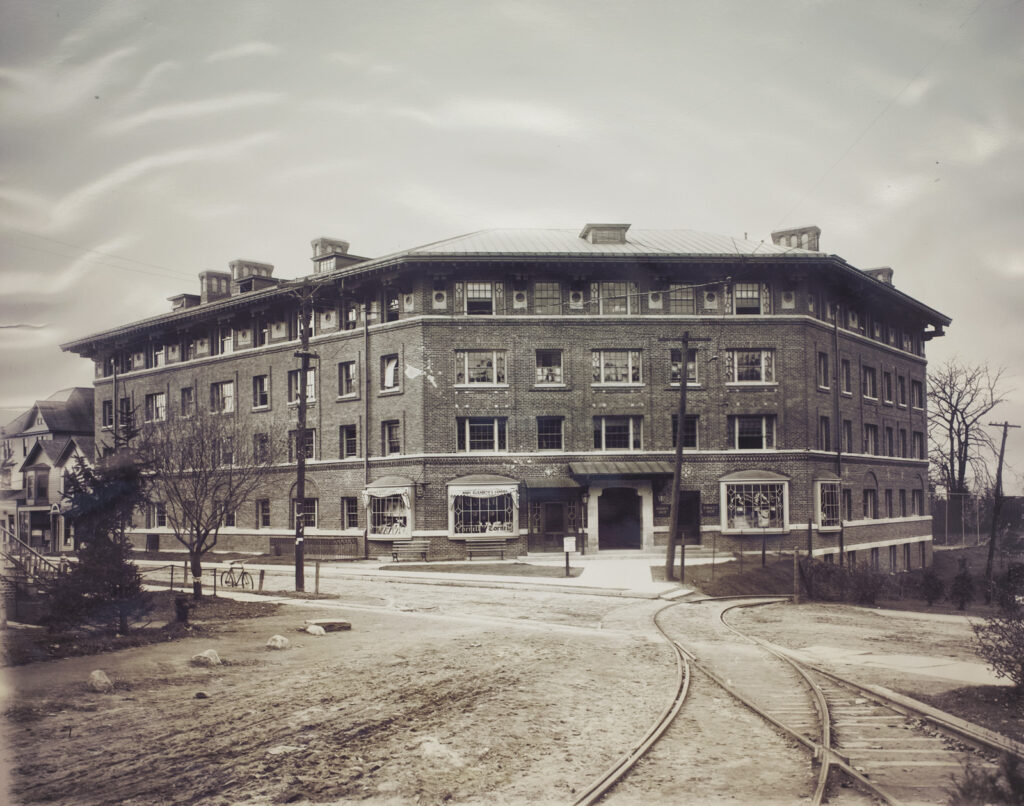 Sheldon Court soon after its construction in the early 1900s with trolley tracks visible in front