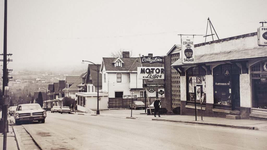 looking south on College Avenue, with a view of the Collegetown Motor Lodge, early 1970s