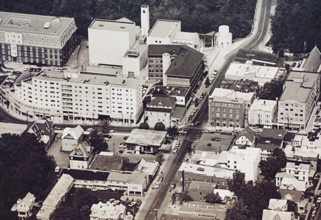 aerial photo of Collegetown shortly after the construction of the Schwartz Center, 1988