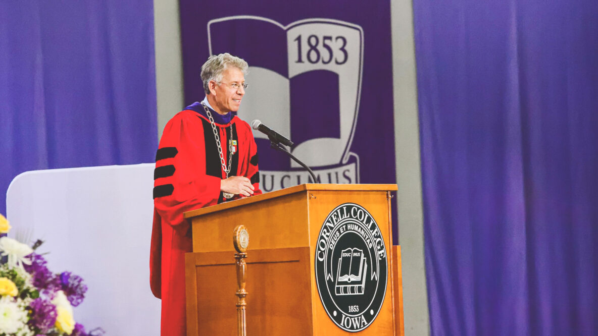 Jonathan Brand, JD ’96, president of Cornell College in Mt. Vernon, Iowa, presides over a college commencement ceremony wearing his Cornell University robes