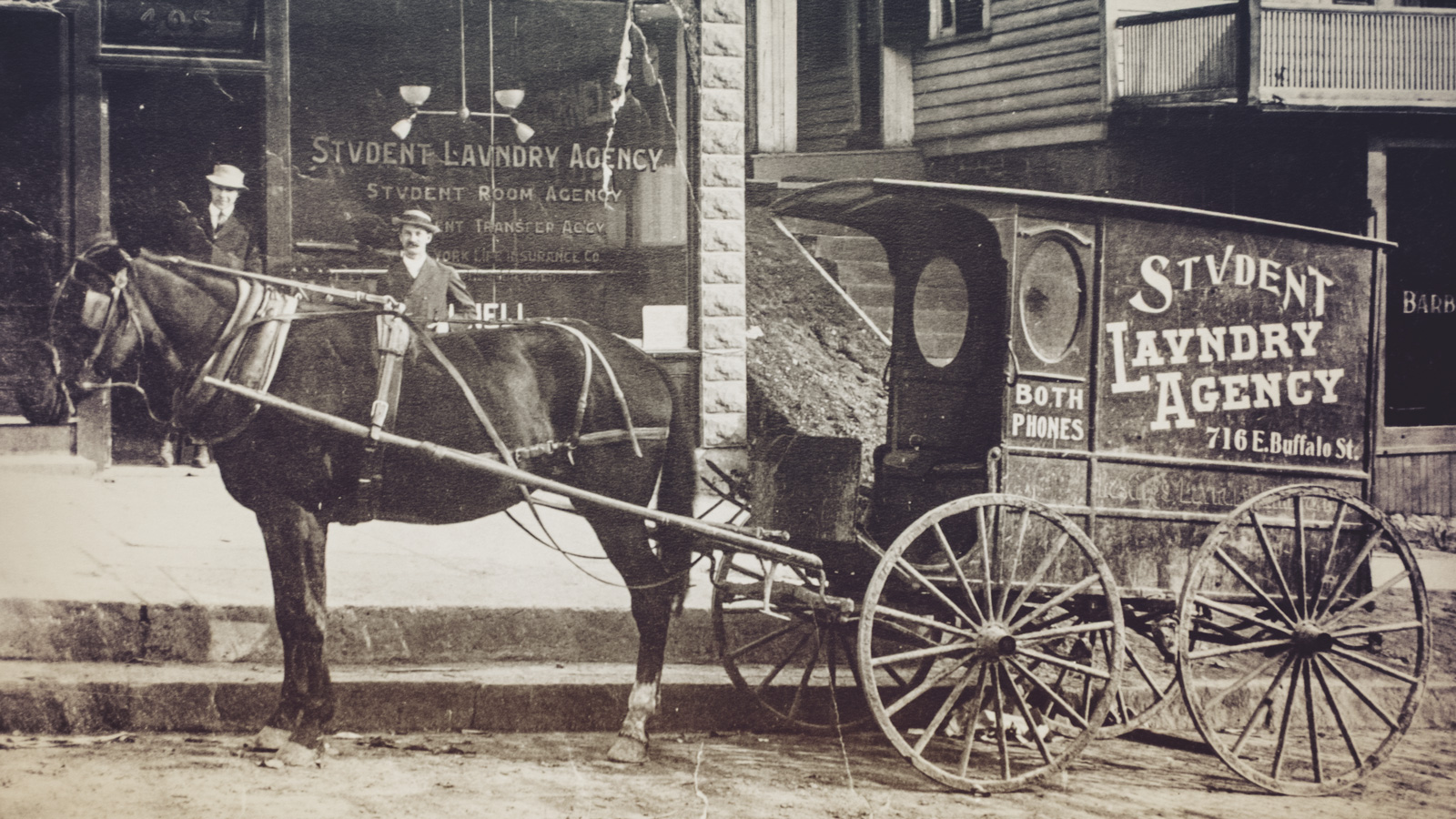 "Student Laundry Agency" horse and wagon on East Buffalo Street in Collegetown in an undated photo