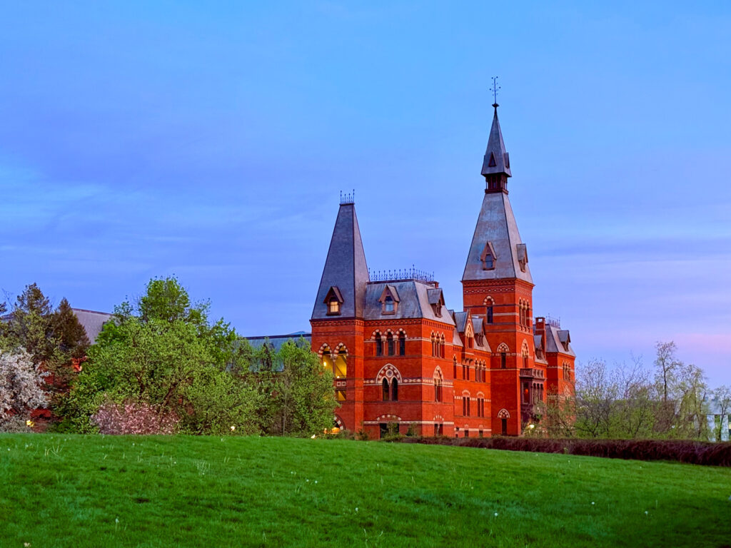 Sage Hall with a blue sky in the background