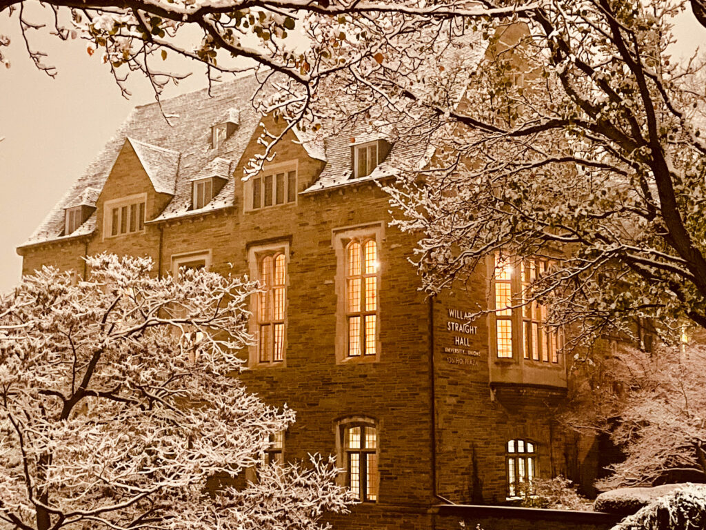 a corner of Willard Straight Hall with trees covered in snow around it