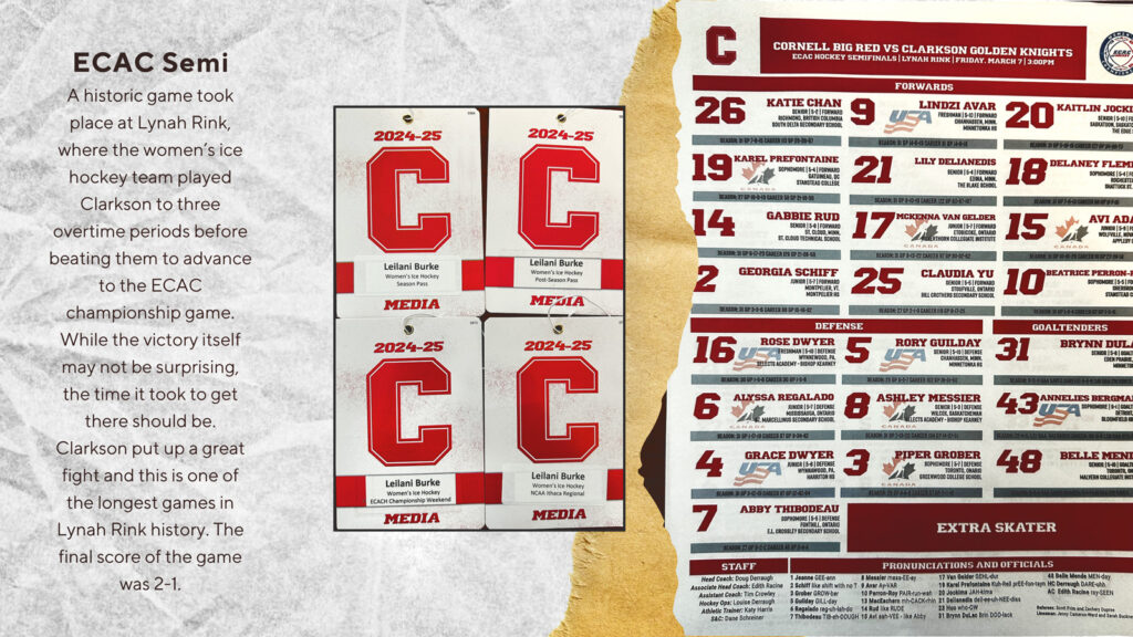 pages from a student's scrapbook made for final project for AMST 2001 course picturing the experience of attending the ECAC semifinals where the women's ice hockey team beat Clarkson