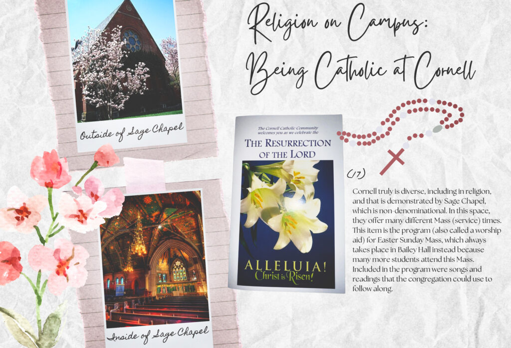 page of a student's scrapbook made for final project for AMST 2001 course picturing "Religion on Campus: Being Catholic at Cornell"