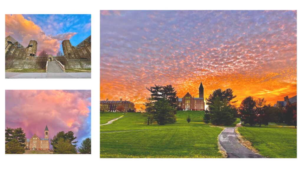 pages from Garrett Spillerman's student scrapbook featuring sunsets created for final project for AMST 2001 course