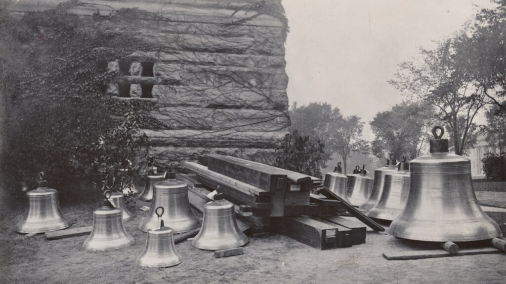 14 new chimes await installation at the foot of McGraw Tower in 1908, when the revamped set of bells was installed