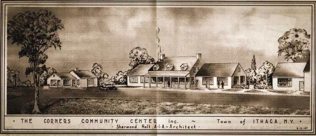 An architectural rendering of the Corners Community Center from 1947