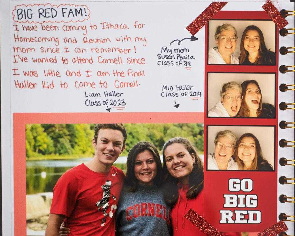 page of a student's scrapbook made for final project for AMST 2001 course showing family photos from previous trips to the Cornell campus