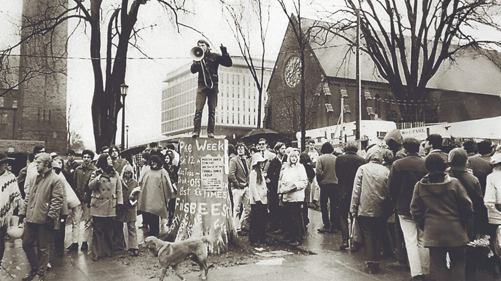 David Burak atop the Stump, rallying protesters during the Willard Straight occupation in April 1969