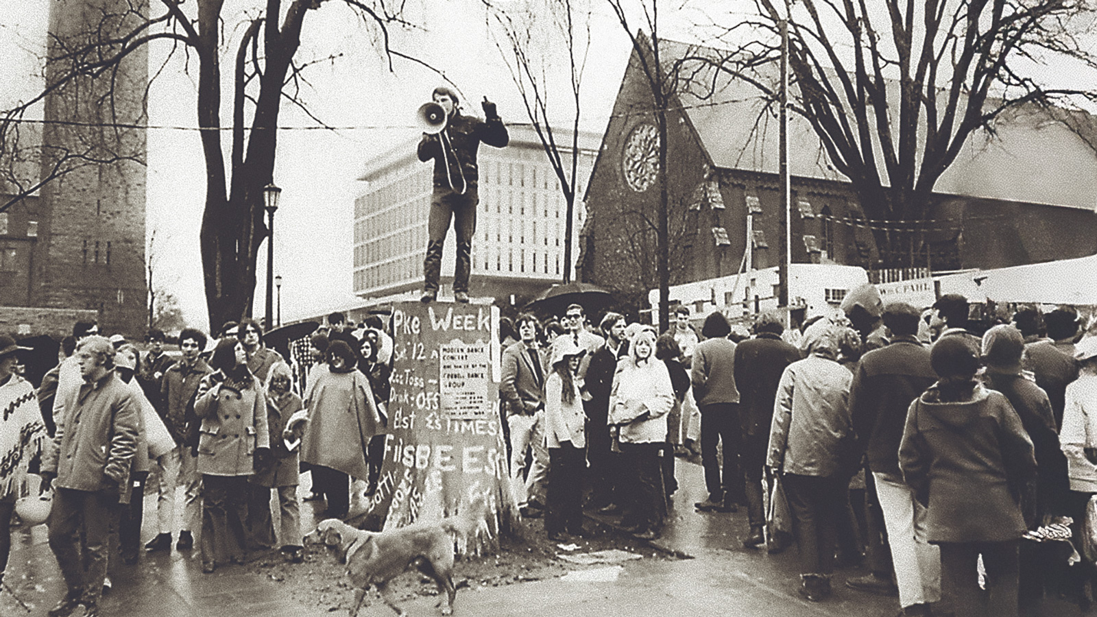 David Burak atop the Stump, rallying protesters during the Willard Straight occupation in April 1969