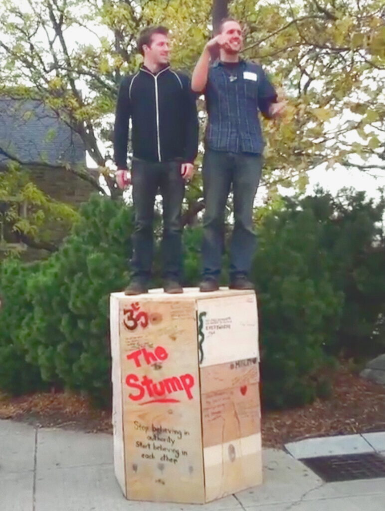 An homage to the Stump—a hexagonal wooden structure—was created by student activists in 2012