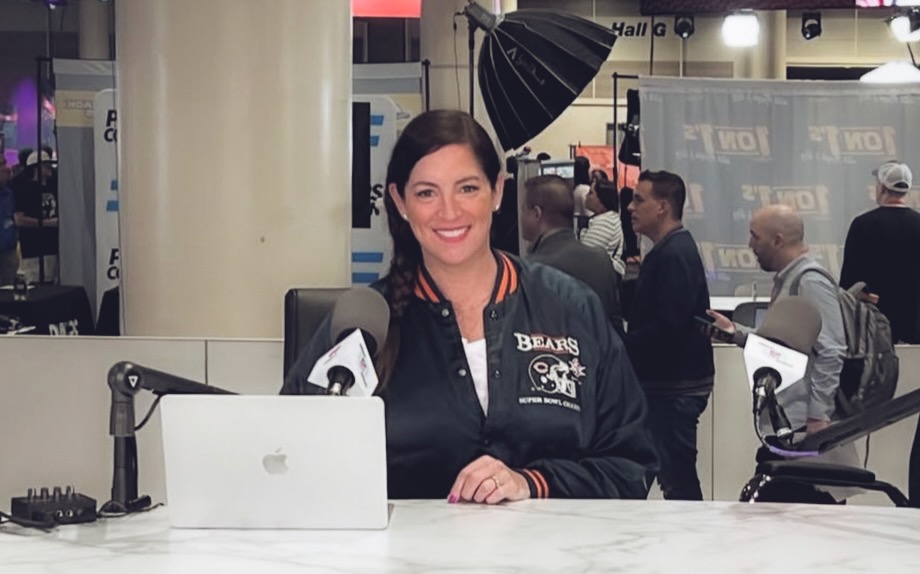 Sarah Spain at a podcast booth for Good Game with Sarah Spain while reporting on Super Bowl LIX.