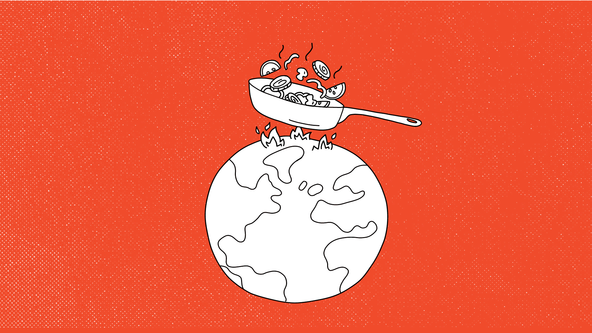An illustration on a red background, of a hot earth warming a frying pan full of vegetables