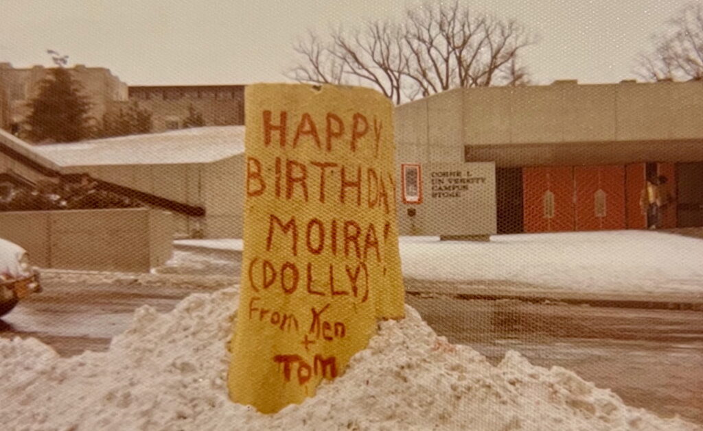 The Stump, as it appeared one morning painted for the birthday of Moira Hinsta ’74 in early 1973