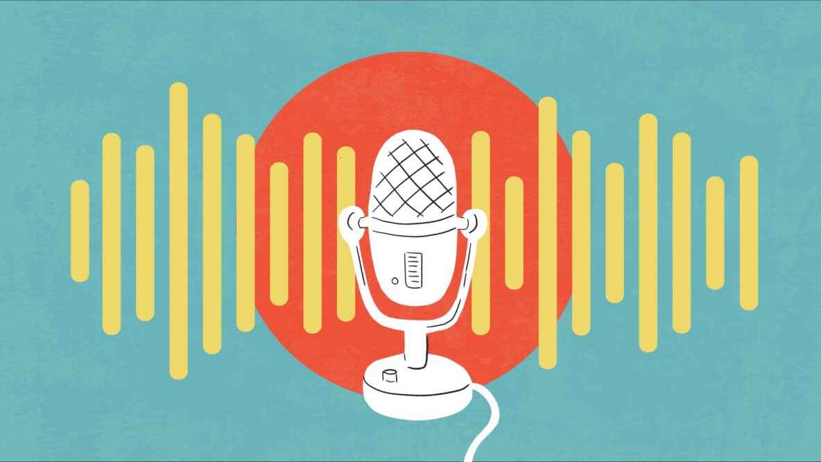 An illustration of a microphone, with sound waves like a podcast icon, on a blue background with a red circle