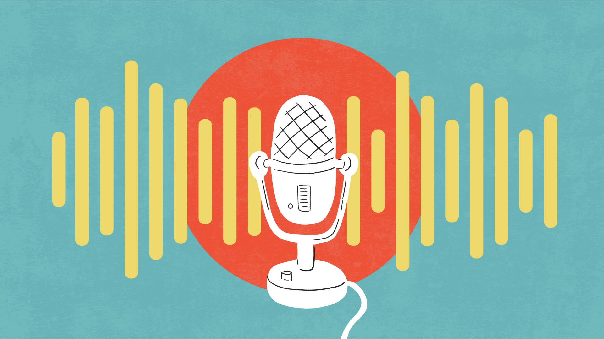 An illustration of a microphone, with sound waves like a podcast icon, on a blue background with a red circle