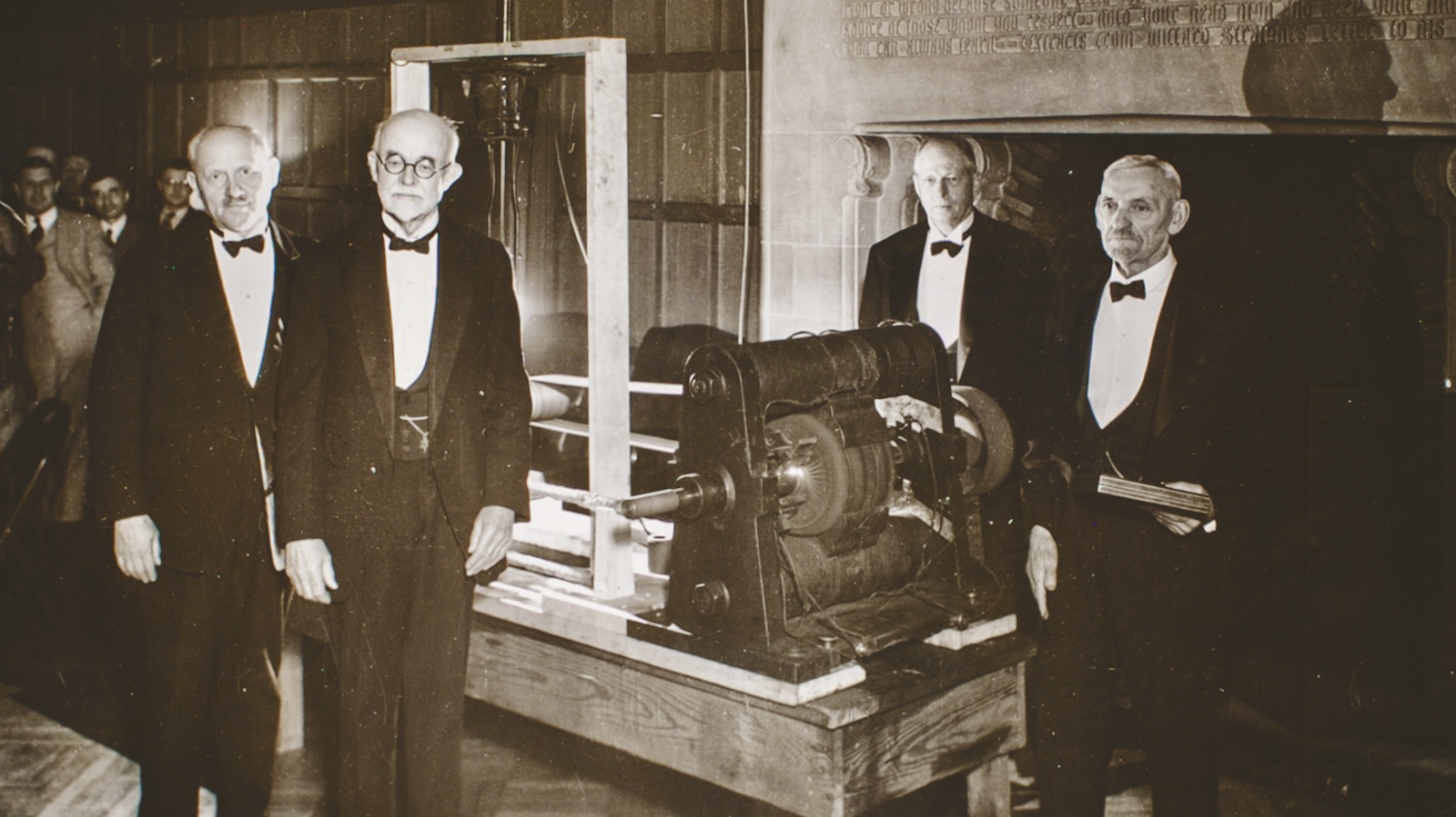 the dynamo was used in 1931, during Sibley College’s 60th anniversary celebration, to ceremonially light the Willard Straight Memorial Room; George Moler 1875 is at right