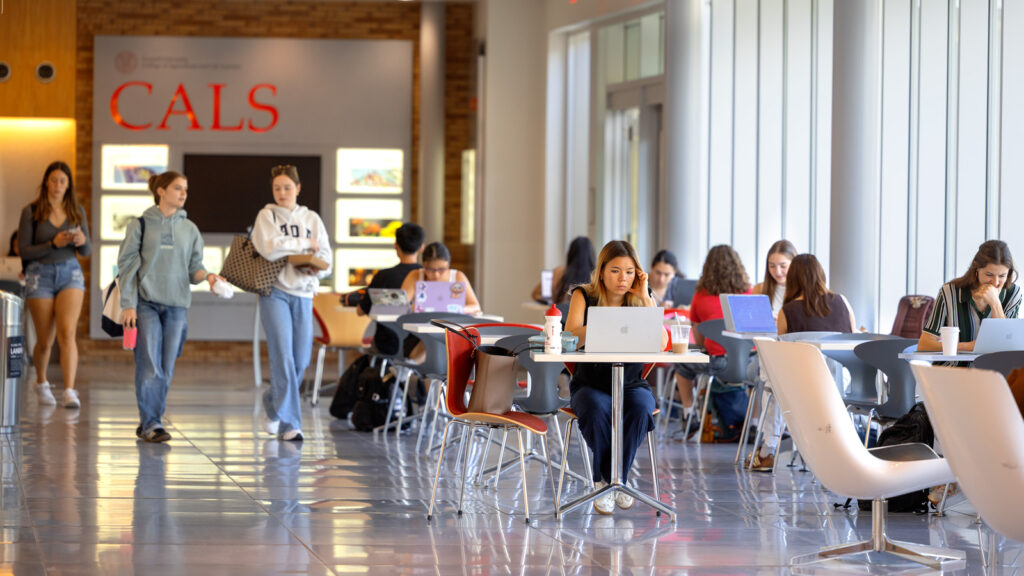 Students in the atrium of Stocking Hall near the Dairy Bar on the first day of classes, fall 2025