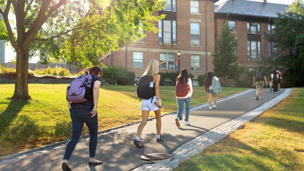 students walk toward Rockefeller Hall on the first day of classes, fall 2025