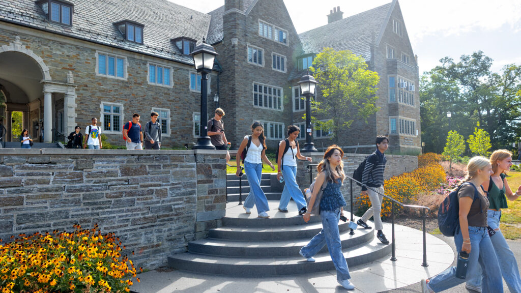 Students walk down the steps by Balch Hall as they head out of North Campus on the first day of classes, fall 2025