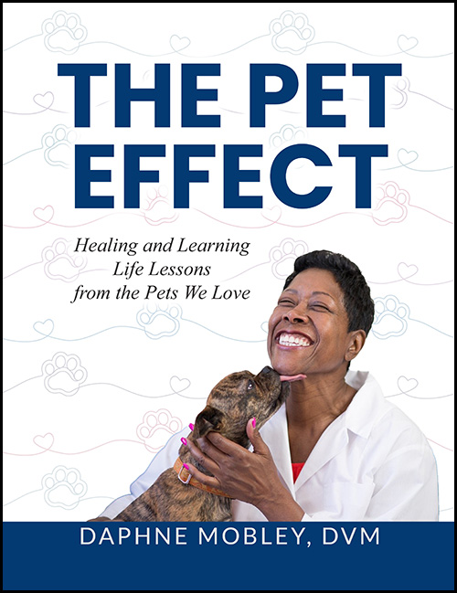 The front cover of the book The Pet Effect, Healing and Learning Life Lessons from the Pets We Love, featuring a photo of the author Daphne Mobley with her dog kissing her chin.