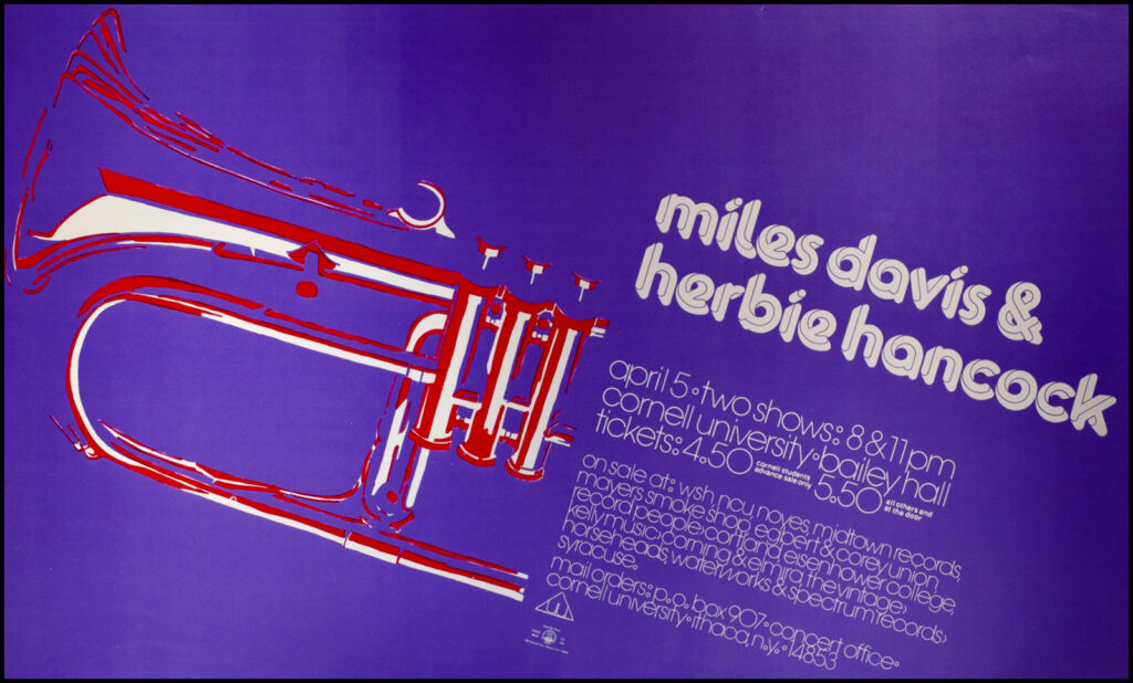 poster for Miles Davis and Herbie Hancock concert in Bailey Hall, April 1975