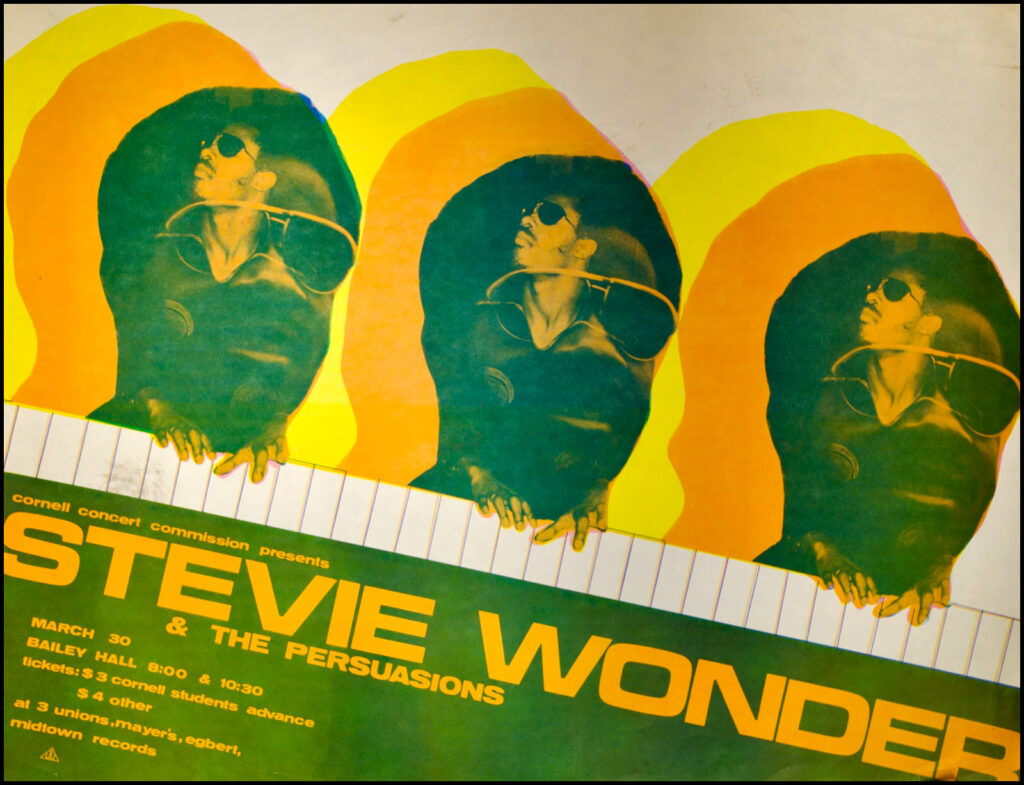 poster for Stevie Wonder & the Persuasions concert in Bailey Hall, March 1973