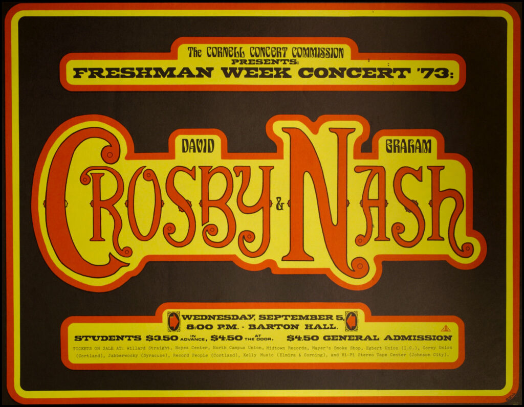 poster for Crosby & Nash concert in Barton Hall, September 1973
