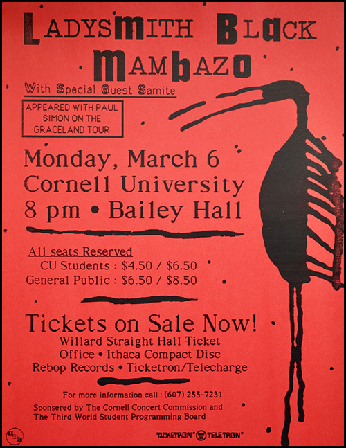 poster for the Ladysmith Black Mambazo concert in Bailey Hall, March 1989