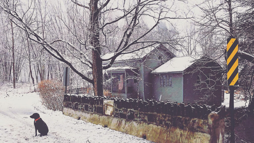 Mat Zucker's home in the winter snow with his dog sitting in front of it.