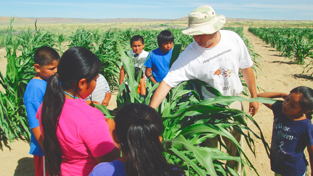 Michael Kotutwa Johnson teaches seven kids about Hopi farming on the farm.