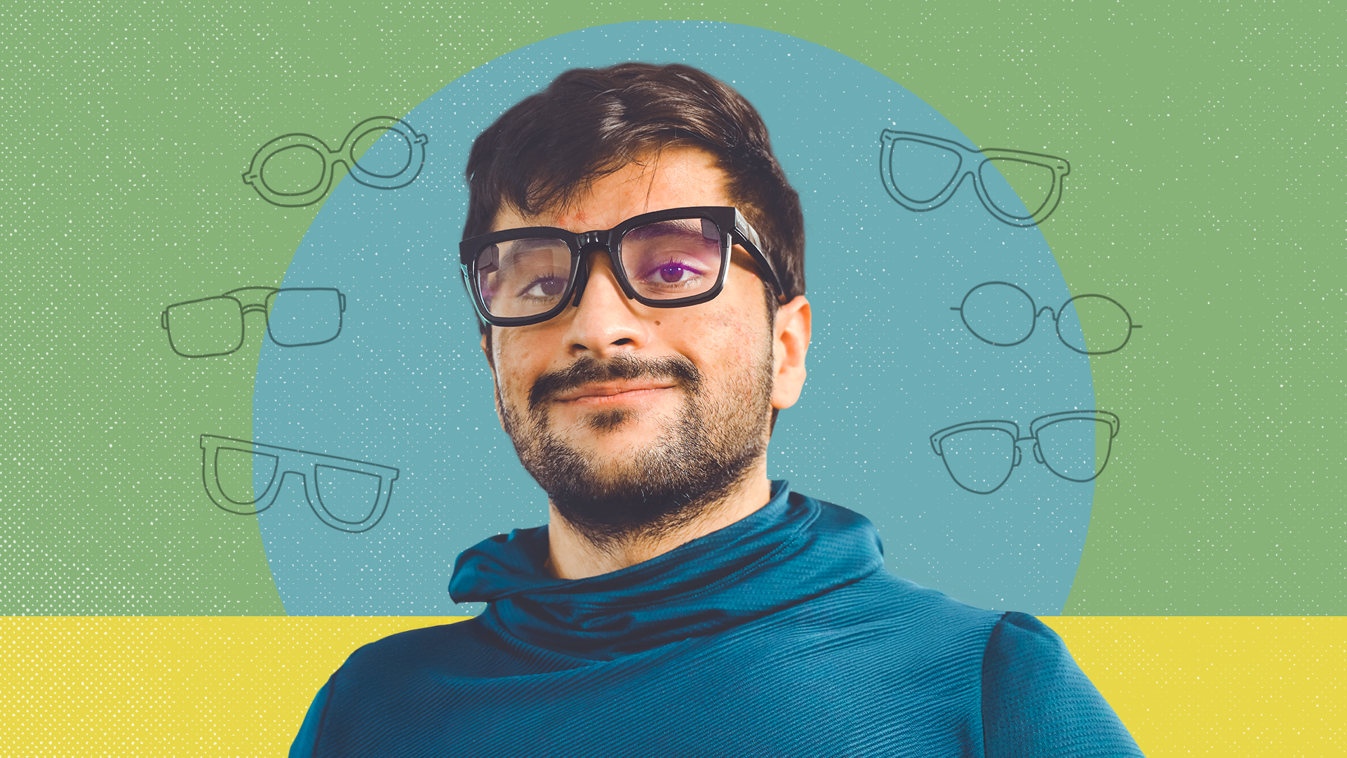 Nirbhay Narang wearing his smart glasses from TranscribeGlass, with illustrations of six pairs of different glasses around him.