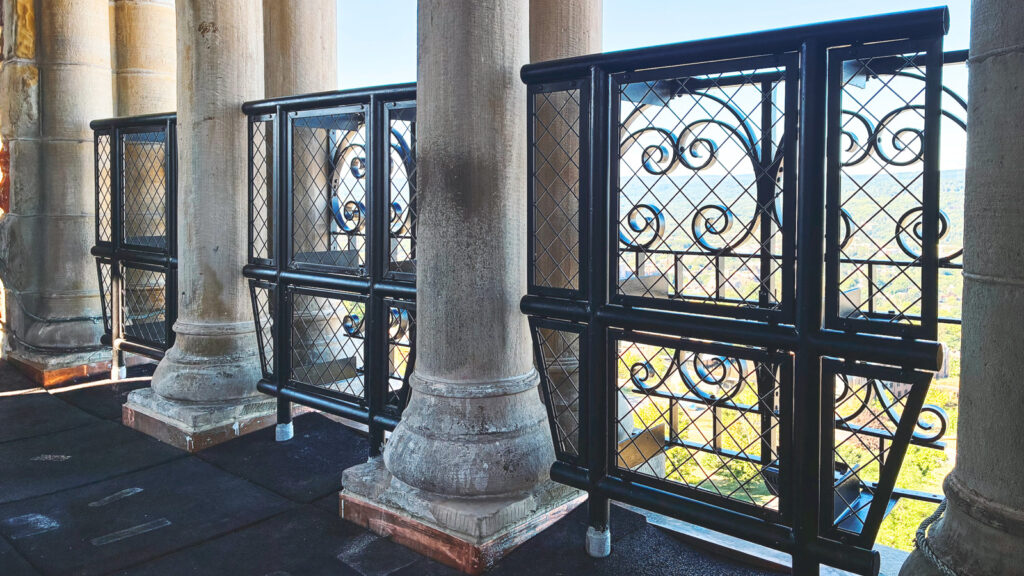 new enhanced sturdier railings on the belfry (observation) deck of McGraw Tower following renovations and weatherproofing