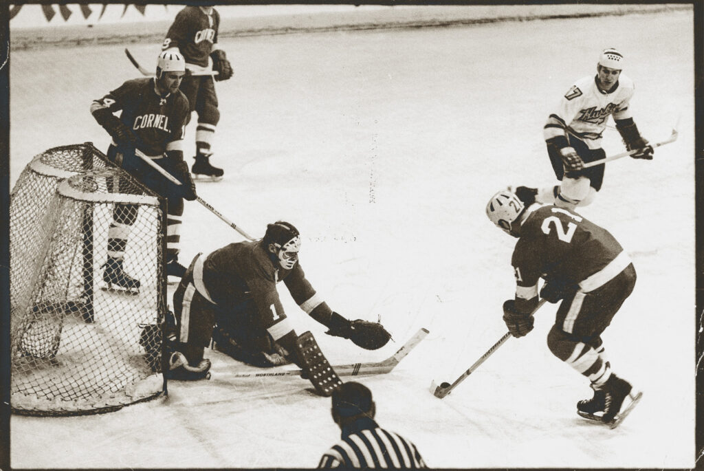 Goalie Dryden prepares to make a save during a 1968–9 NCAA semifinal game