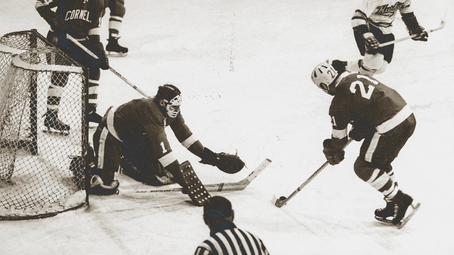 Goalie Dryden prepares to make a save during a 1968–9 NCAA semifinal game