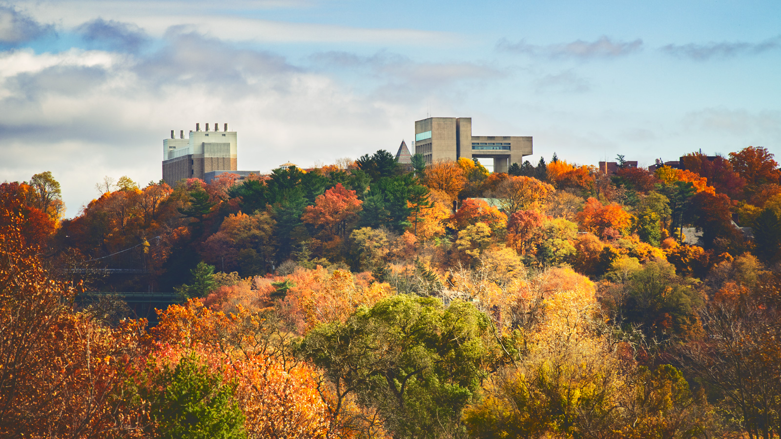 The Johnson Museum sits atop a bed of fall colors blanketing East Hill.