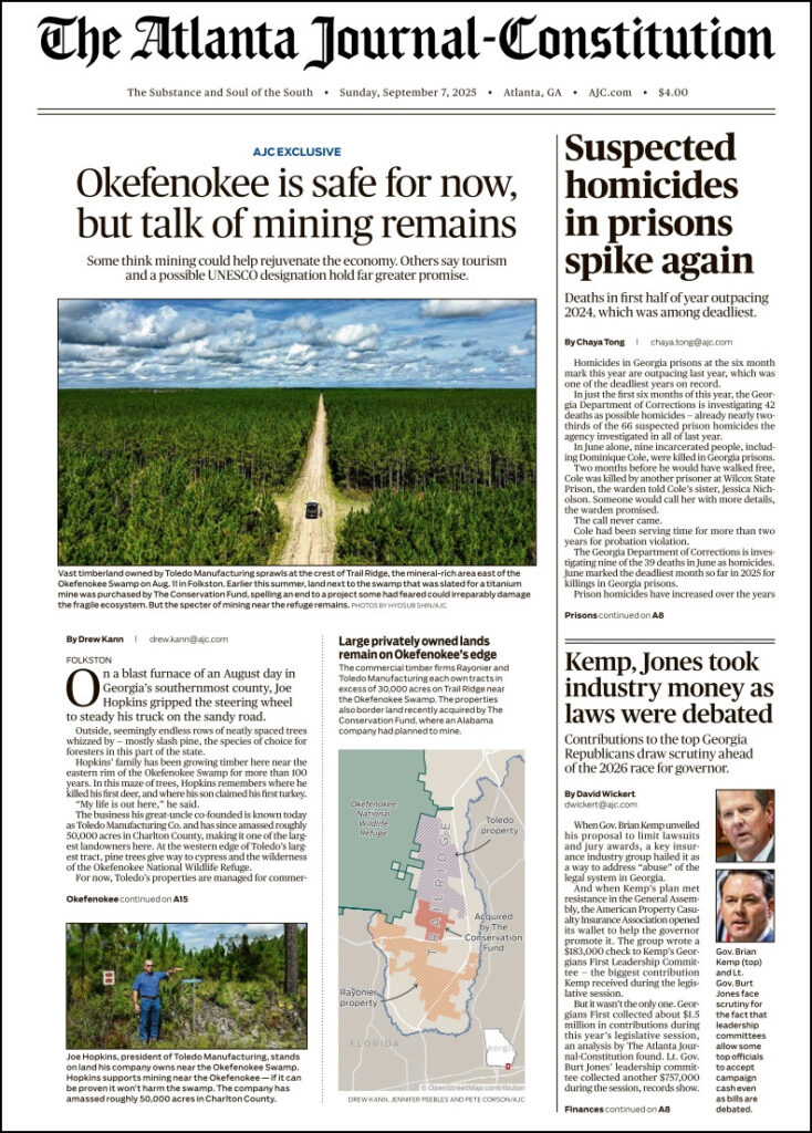 Part of the front page of the Atlanta Journal-Constitution on Sept 7, 2025.