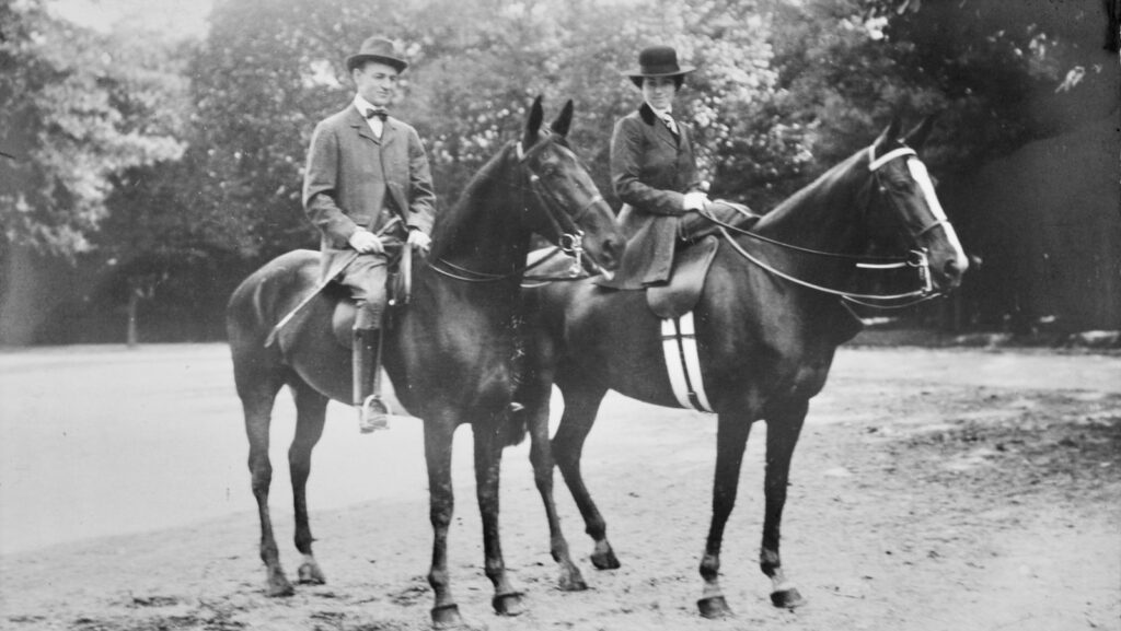 Willard and Dorothy Straight on horseback, 1912
