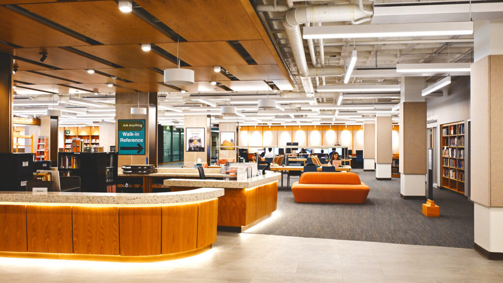the new, combined circulation and help desk in the renovated main floor of Olin Library