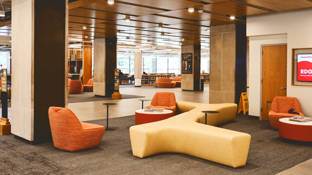 new seating in part of the renovated main floor of Olin Library