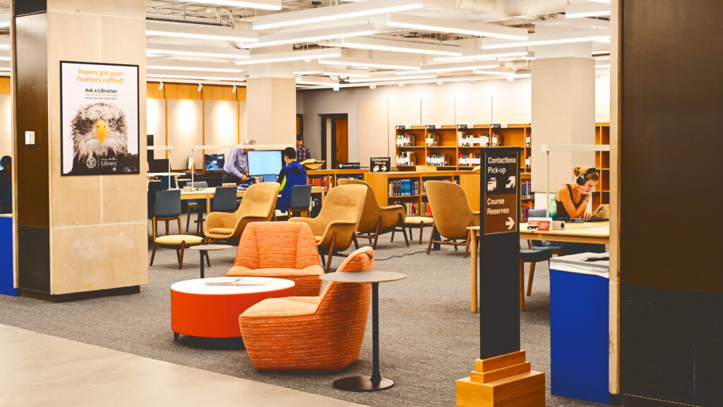 new seating in part of the renovated main floor of Olin Library