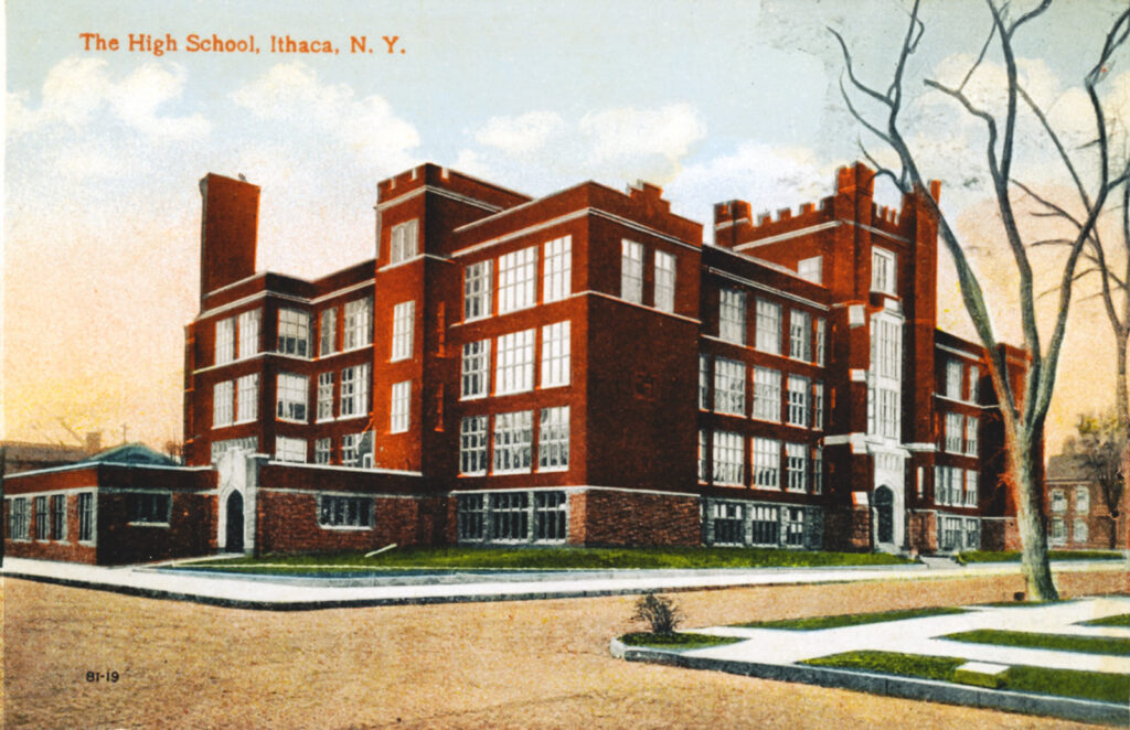 postcard view of Ithaca High School in downtown Ithaca, designed by William H. Miller; today it is the DeWitt Mall